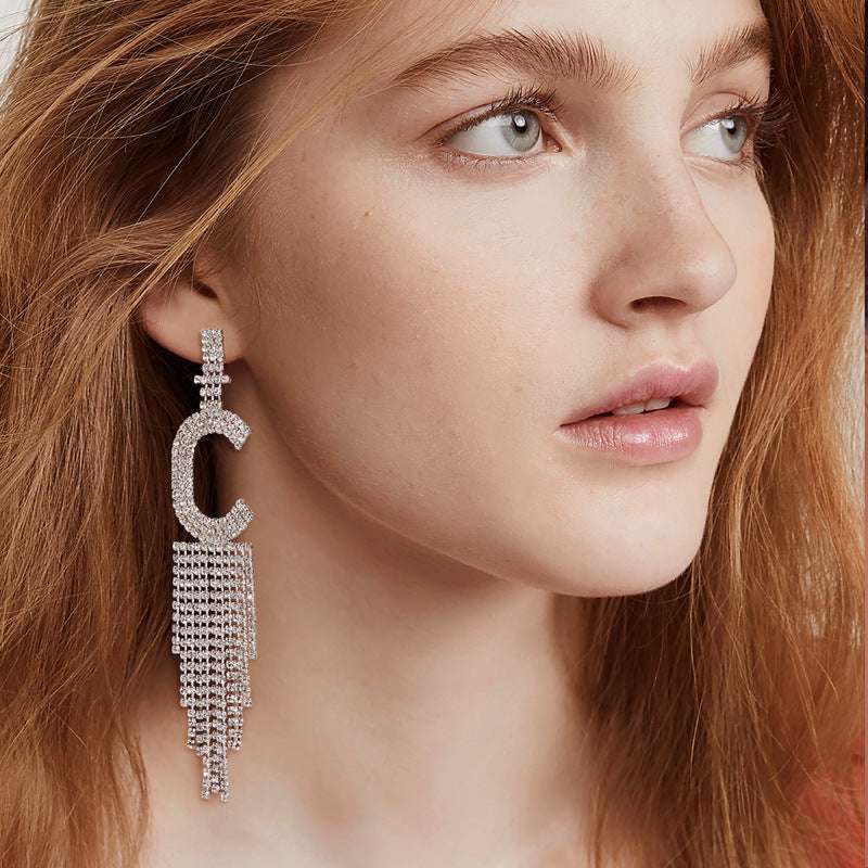 925 Silver Needle Ornaments Rhinestone Letter B Earrings Banquet Tassel Ear - Minihomy