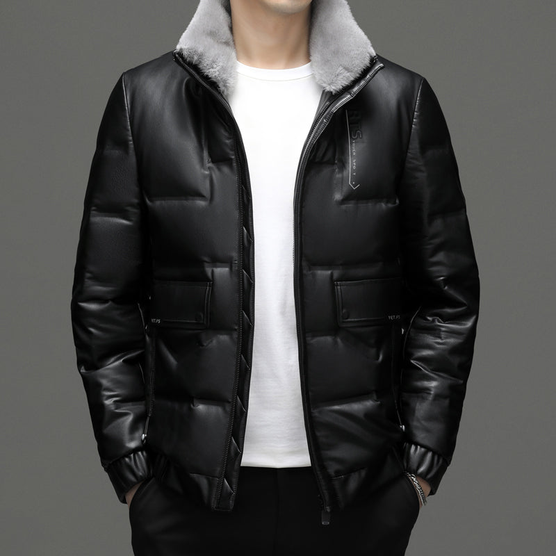 Men's Leather Down Short Jacket Fleece Padded Coat