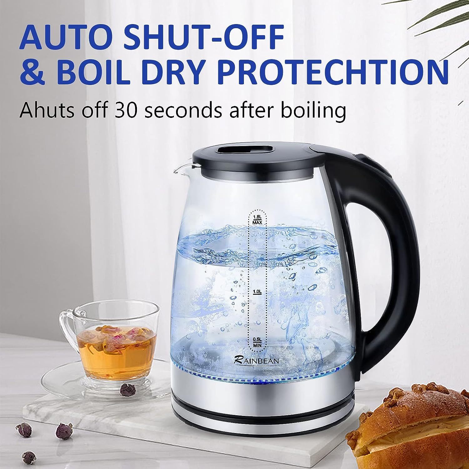 Electric Kettle Water Boiler, 1.8L Electric Tea Kettle, Wide Opening Hot Water Boiler With LED Light, Auto Shut-Off & Boil Dry Protection, Glass Black - Minihomy