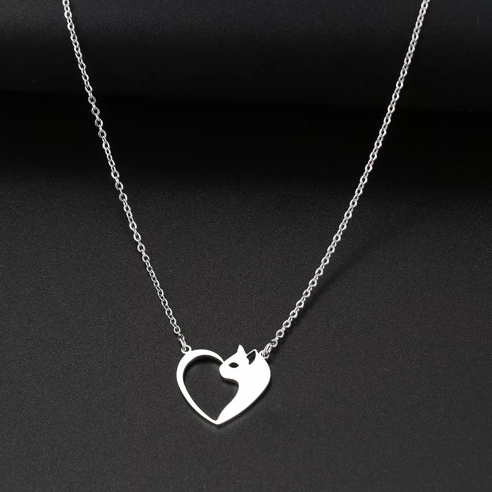 Women's Fashion Jewelry Stainless Steel Necklaces with Heart Cat Hollow Pendant Girls Gifts