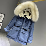 Hooded Faux Fur Collar Women's Clothing Big Pocket Down Jacket Female Winter Coat Woman