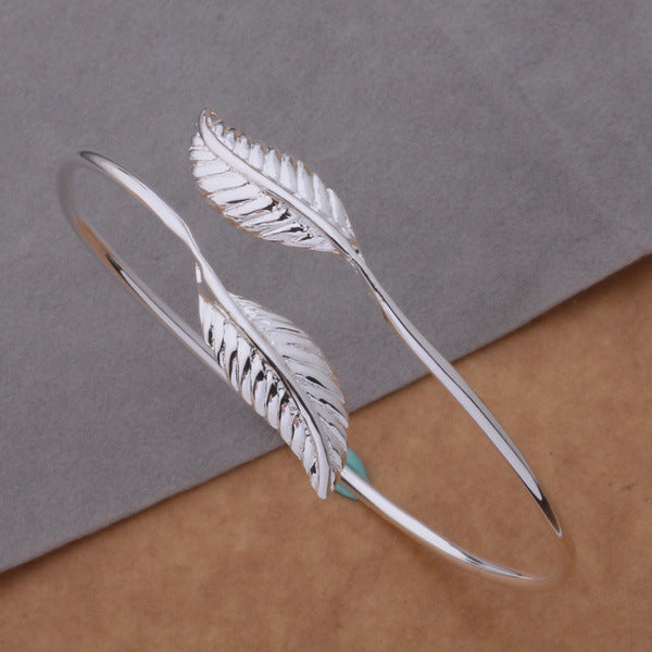 Simple silver plated leaves and feathers Open Bracelet for women