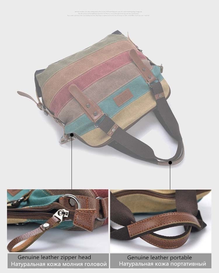 KVKY Brand Fashion Canvas Bag Brand Women Handbag Classic Patchwork Casual Female Shoulder Bags Striped Rainbow Purse Pouch - Minihomy