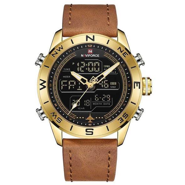 NAVIFORCE 9144 Men's Gold Sport Watch - Analog Digital Military Leather Quartz