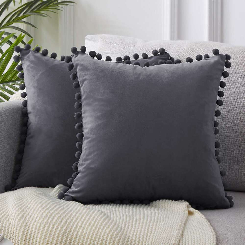 Ball lace pillow velvet solid color sofa short plush ball cushion cover - Minihomy