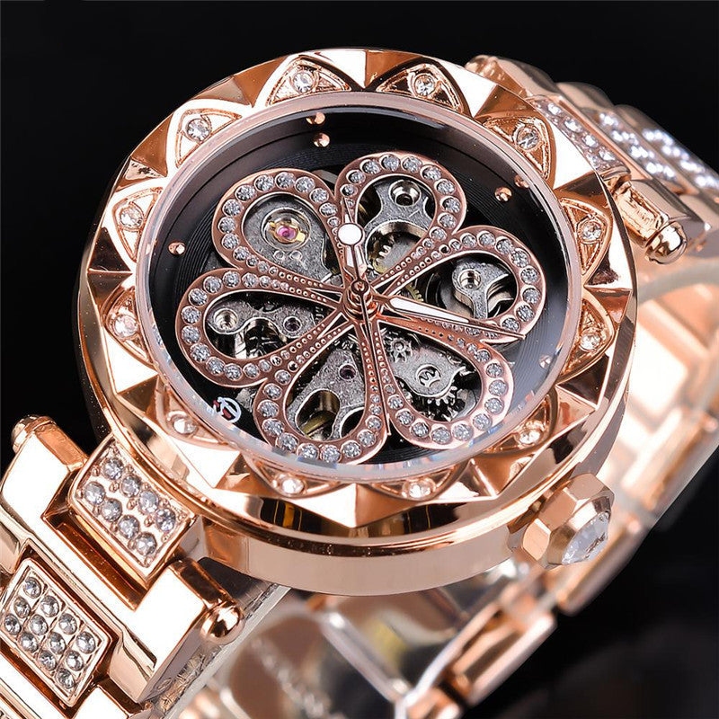 Forsining Mechanical Automatic Ladies Watches Top Brand Luxury Rhinestone Female Wrist Watches Rose Gold Stainless Steel Clock - Minihomy