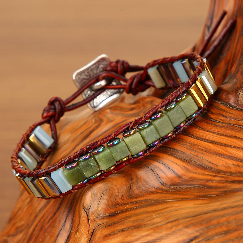 Handmade Multi Color Natural Stone Tube Beads Leather Wrap Bracelet - Minihomy