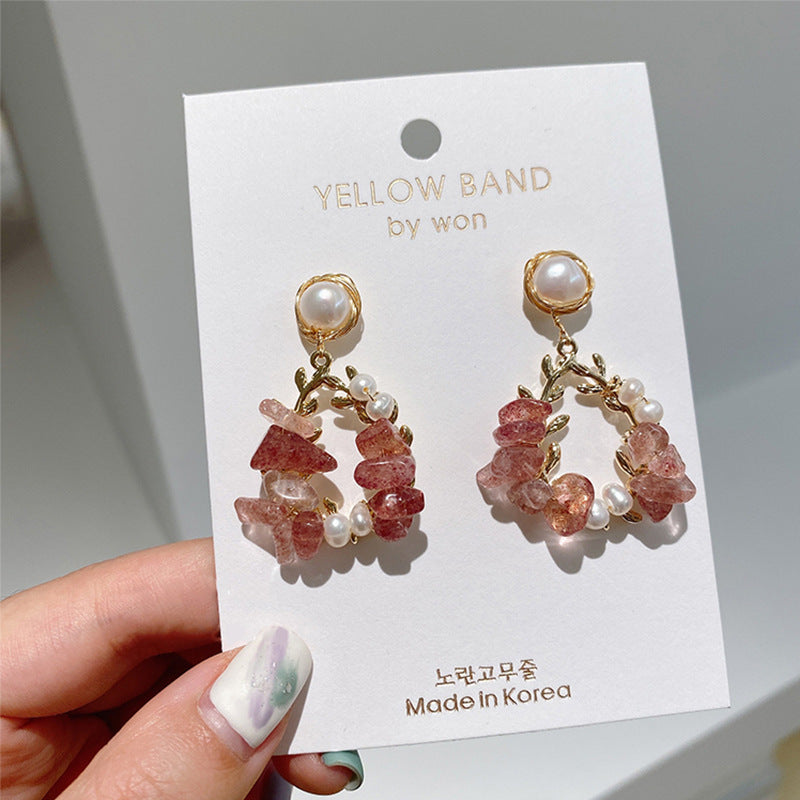 Pearl Earrings Temperament Super Fairy Crystal Net Red Earrings Design Leaf Earrings