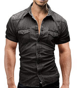 Men Denim Short-sleeved Slim Shirt