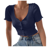 V Neck Ruffles Short Sleeve T Shirt Women Summer Casual Button Crop Top