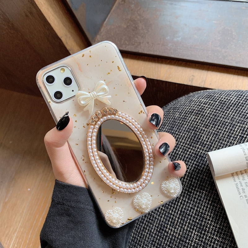 Marble Bowknot Rhinestone Mirror Phone Case