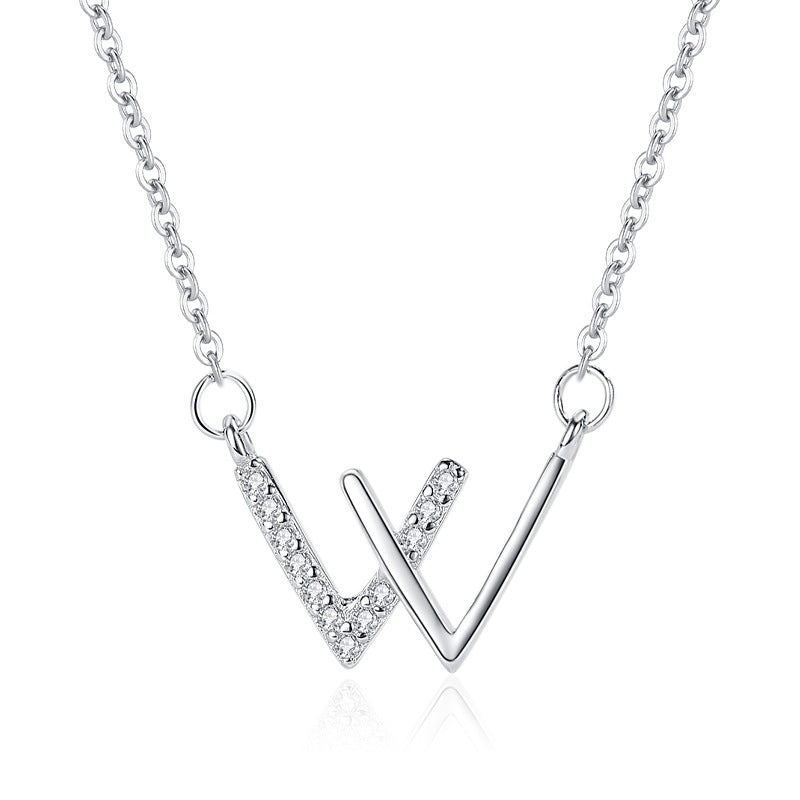 Letter W Necklace For Women Girls Stainless Steel Cubic Zirconia Clavicle Chain Necklaces - Minihomy