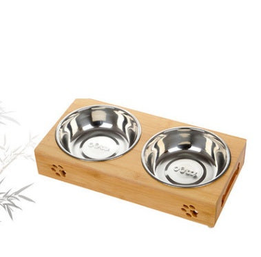 Bamboo & Ceramic Pet Dog Bowls - Single, Double, & Triple Sets - Stainless Steel Table - Minihomy