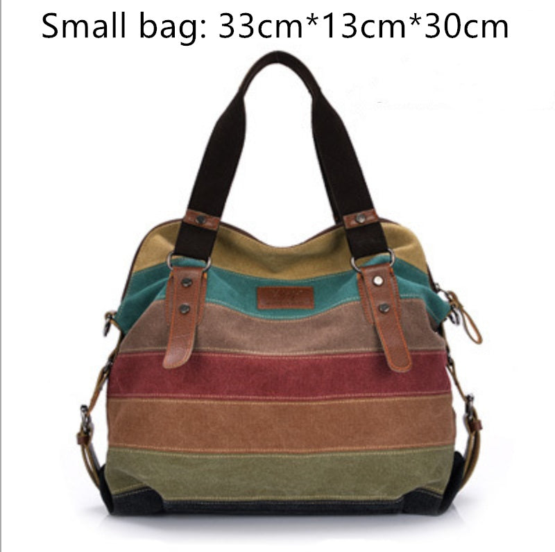 KVKY Brand Fashion Canvas Bag Brand Women Handbag Classic Patchwork Casual Female Shoulder Bags Striped Rainbow Purse Pouch - Minihomy