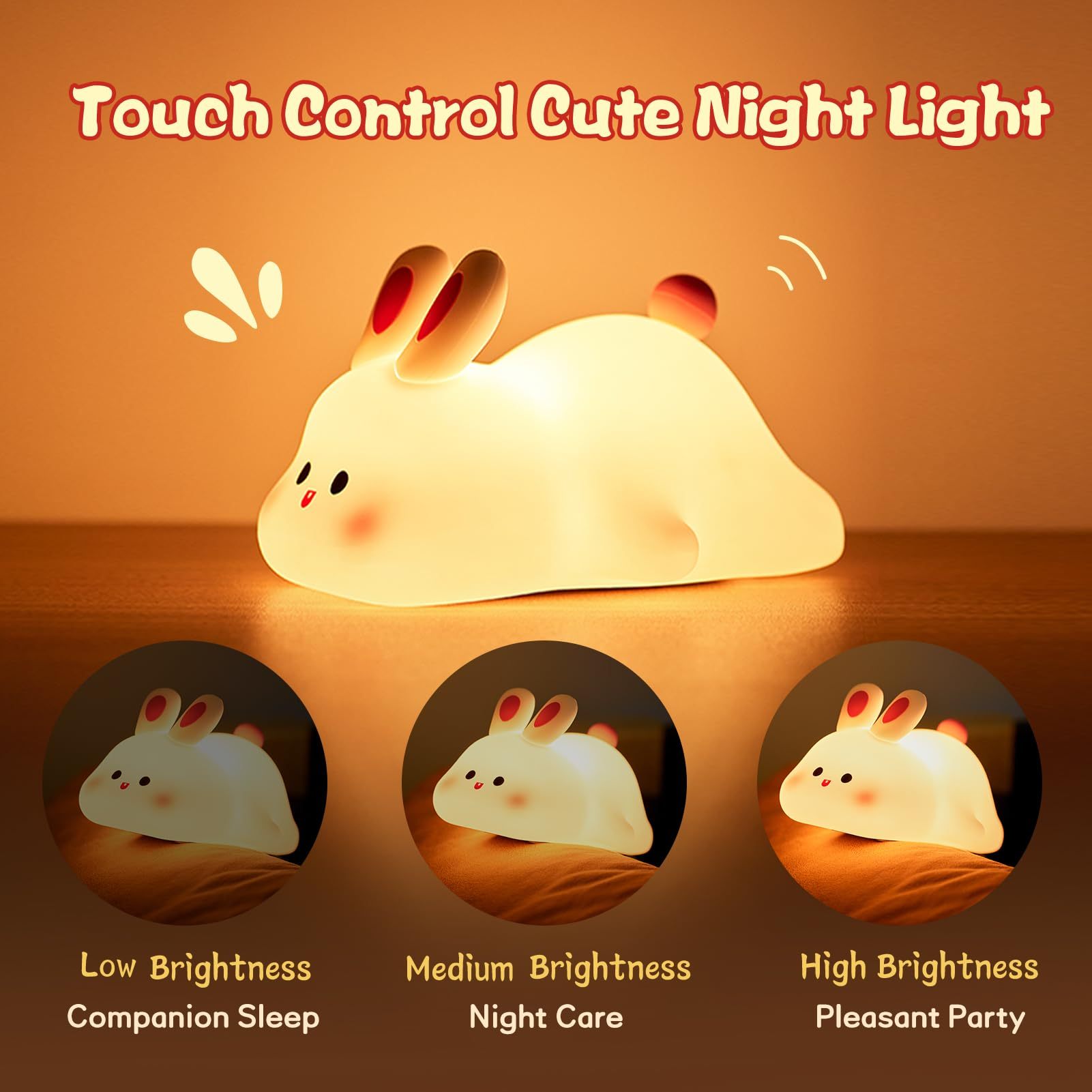 Cute Rabbit LED Night Light - Touch Sensor, Silicone, Christmas Gift for Kids