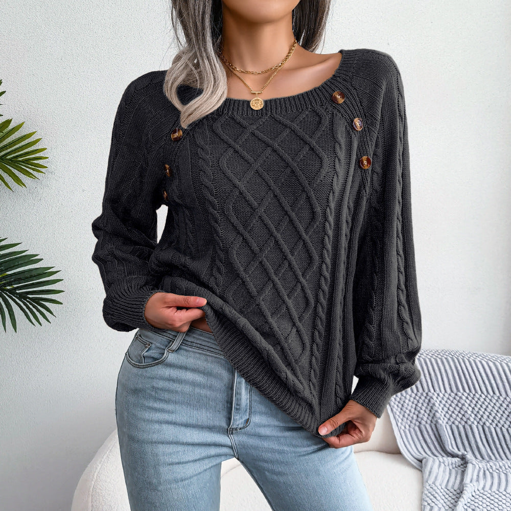 Square Neck Button Fried Dough Twist Knitting Sweater