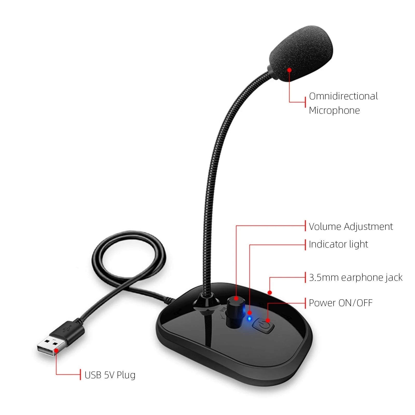 Gooseneck Computer Microphone USB Sound Card Monitor - Minihomy