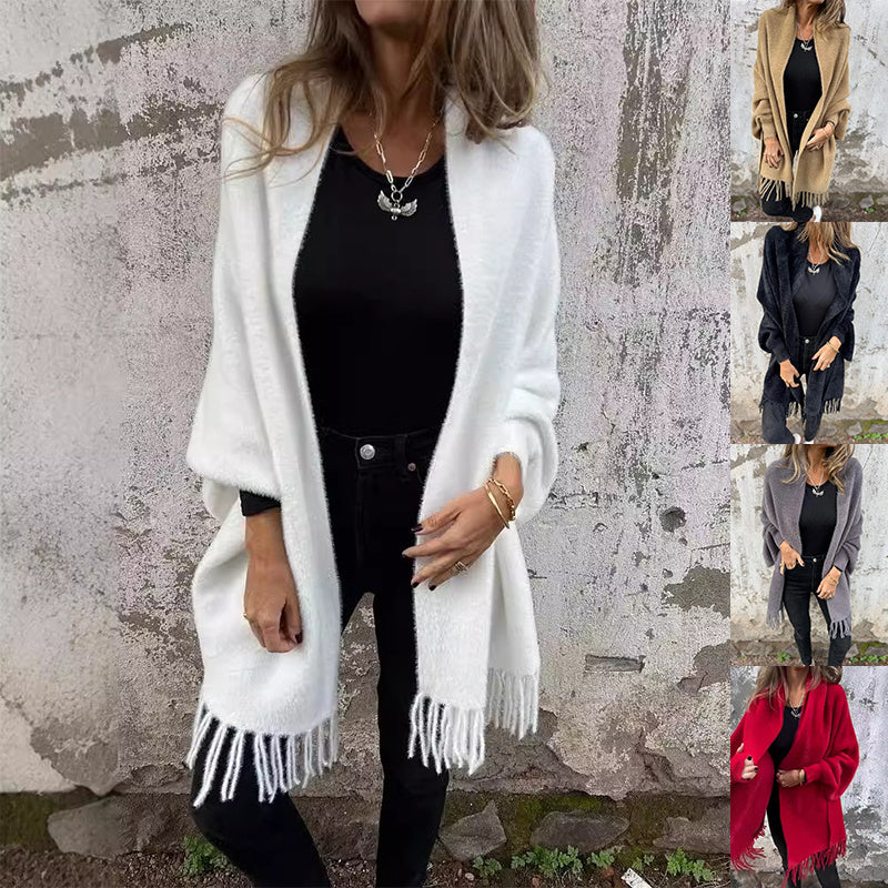 Women's Knitted Batwing Sleeve Cardigan With Tassel Design Fashion Loose Shawl Outwear Clothing