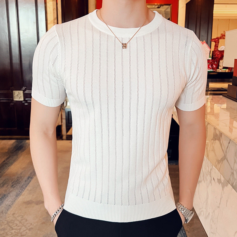 Men's Short Sleeve Hollow-out Half-sleeved Ice Silk Crew Neck T-shirt