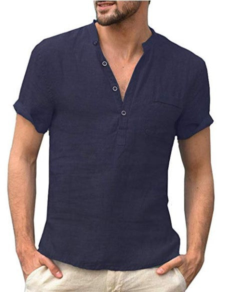 Summer Men's Short-Sleeved T-shirt Cotton Tee Linen Casual Men's