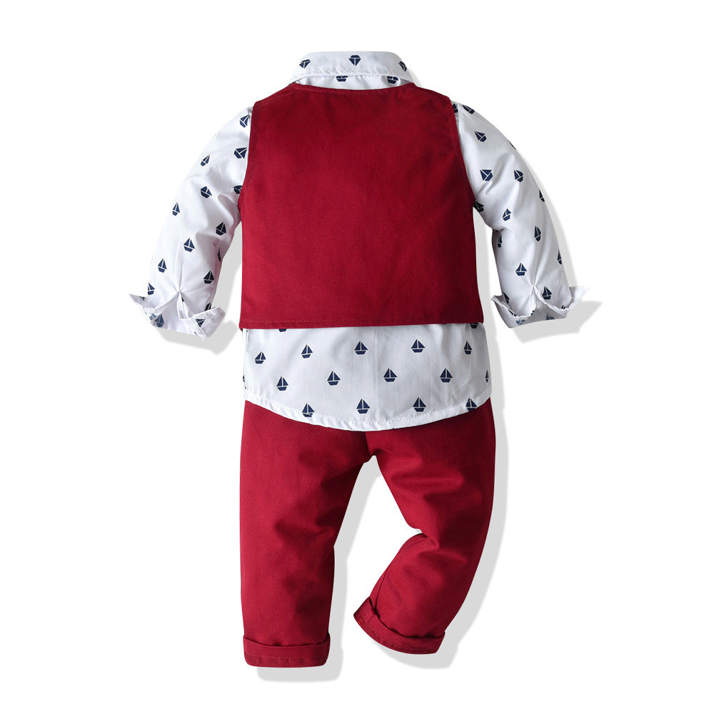 Boys Children's Long-sleeved Shirt Vest And Pants Suit