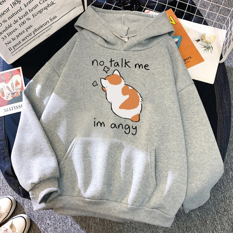 No Talk Me Cute Angry Cat Print Women Hoodie - Minihomy