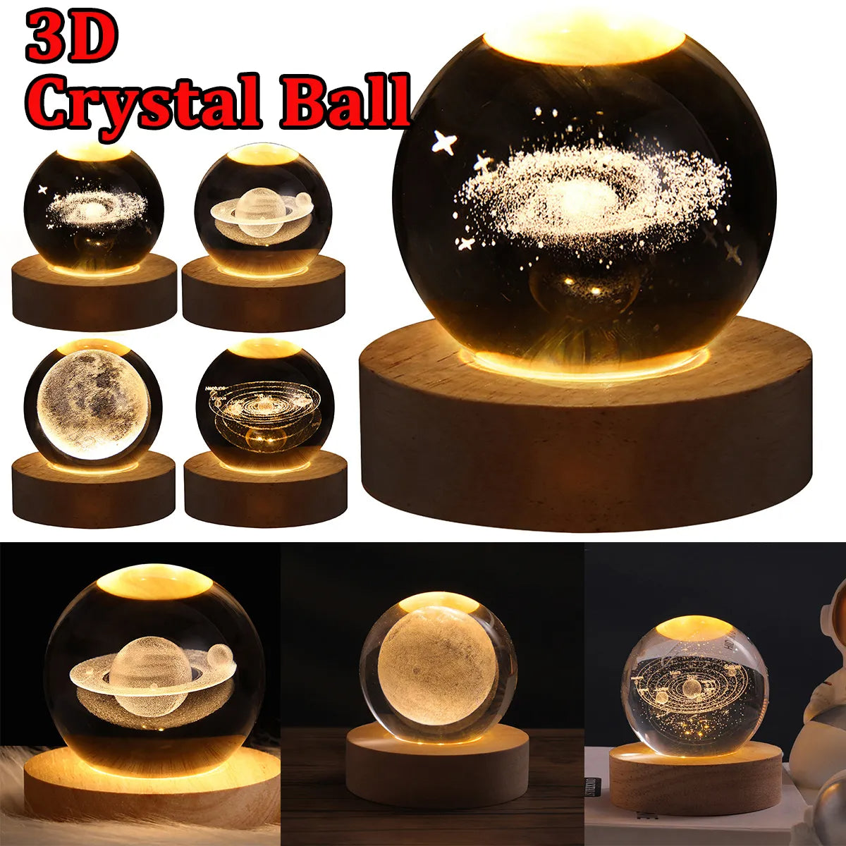 LED Night Light Galaxy Crystal Ball Table Lamp - 3D Planet Moon Lamp for Bedroom Home Decor