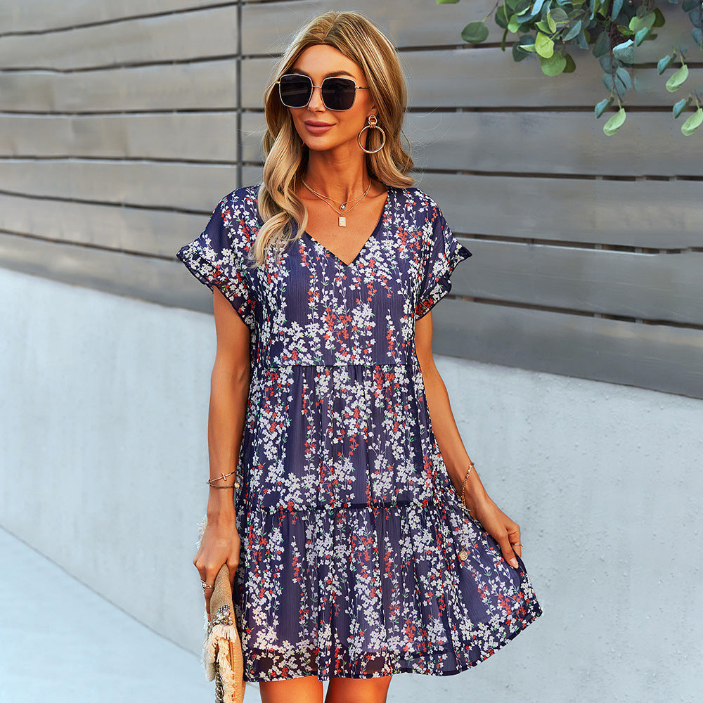 Flowers Print Short-sleeved Dress Summer Loose Chiffon A-line Dresses