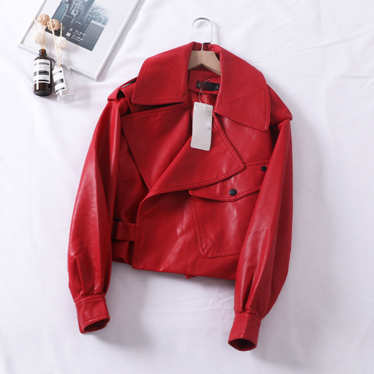 Loose cropped leather jacket motorcycle jacket