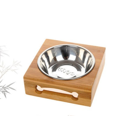 Bamboo & Ceramic Pet Dog Bowls - Single, Double, & Triple Sets - Stainless Steel Table - Minihomy