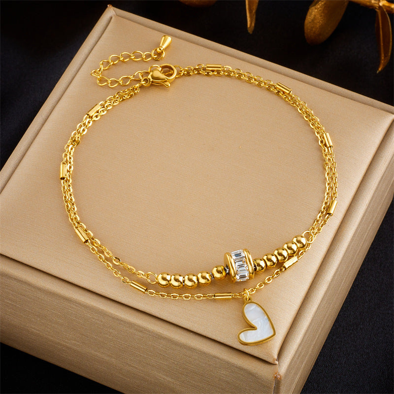 Boho Ankle Chain for Women - Double Layer Heart Charm Tassel Leg Chain Bracelet