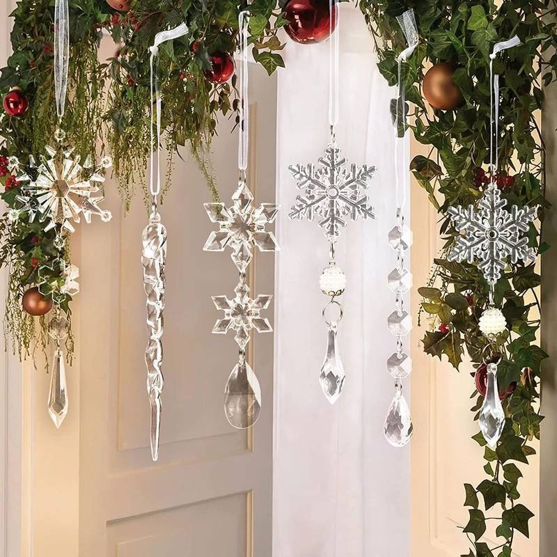 10pcs Christmas Tree Hanging Pendants Acrylic Ice Strip Snow Ceiling Xmas Ornaments - Minihomy