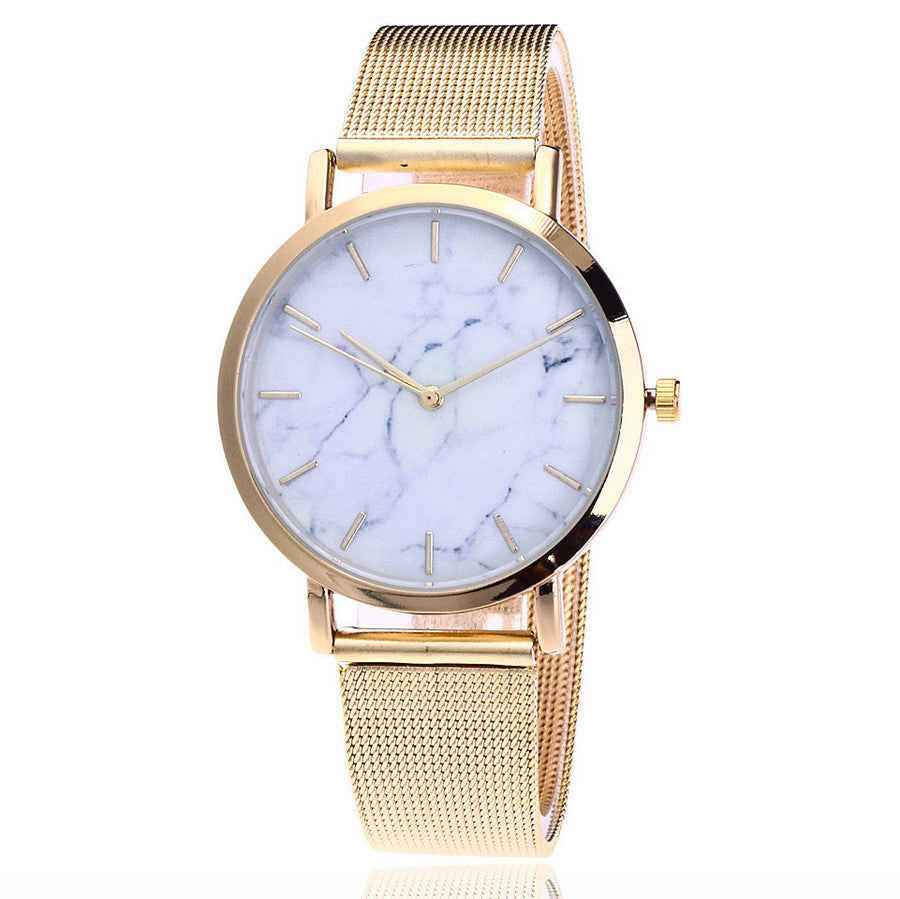 Women's Silver & Gold Mesh Marble Watch - Vansvar Fashion Quartz Wristwatch