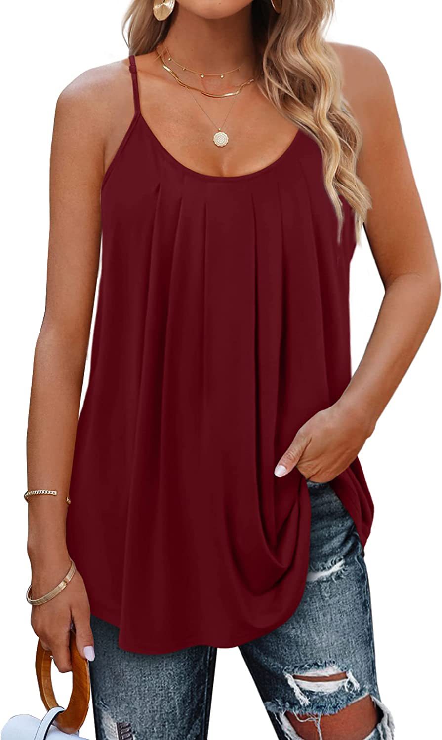 Women's Summer Vest Pleated Spaghetti Strap Tank Top