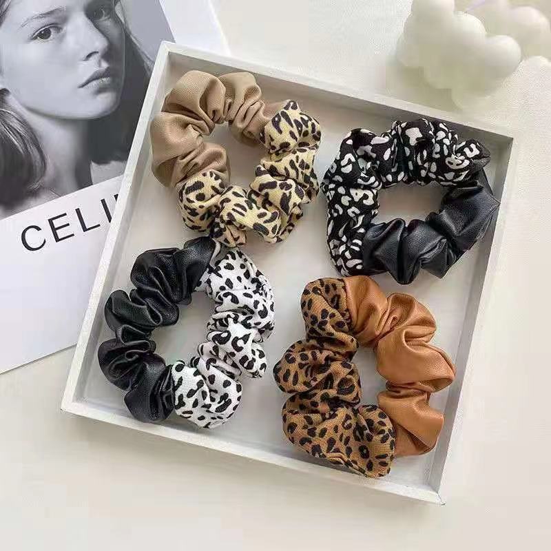 Leopard Print Leather Stitching New Color Block Large Intestine Hair Ring