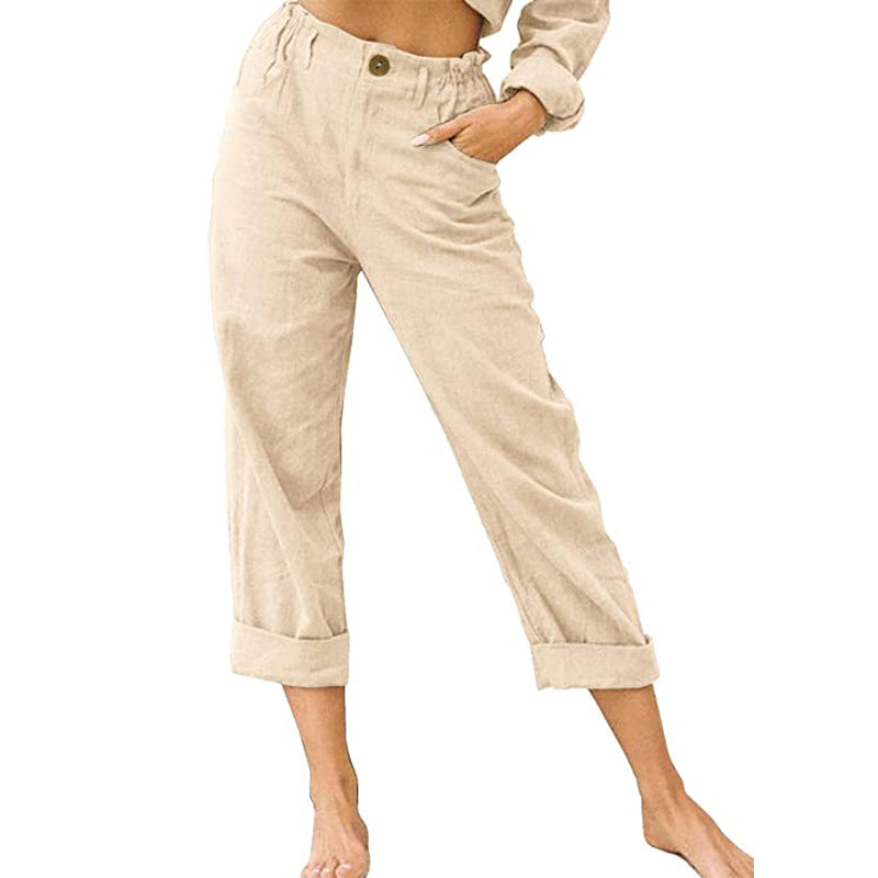 Patchwork Pant Women's Cotton Linen Pants Drawstring Back Elastic Waist Pants