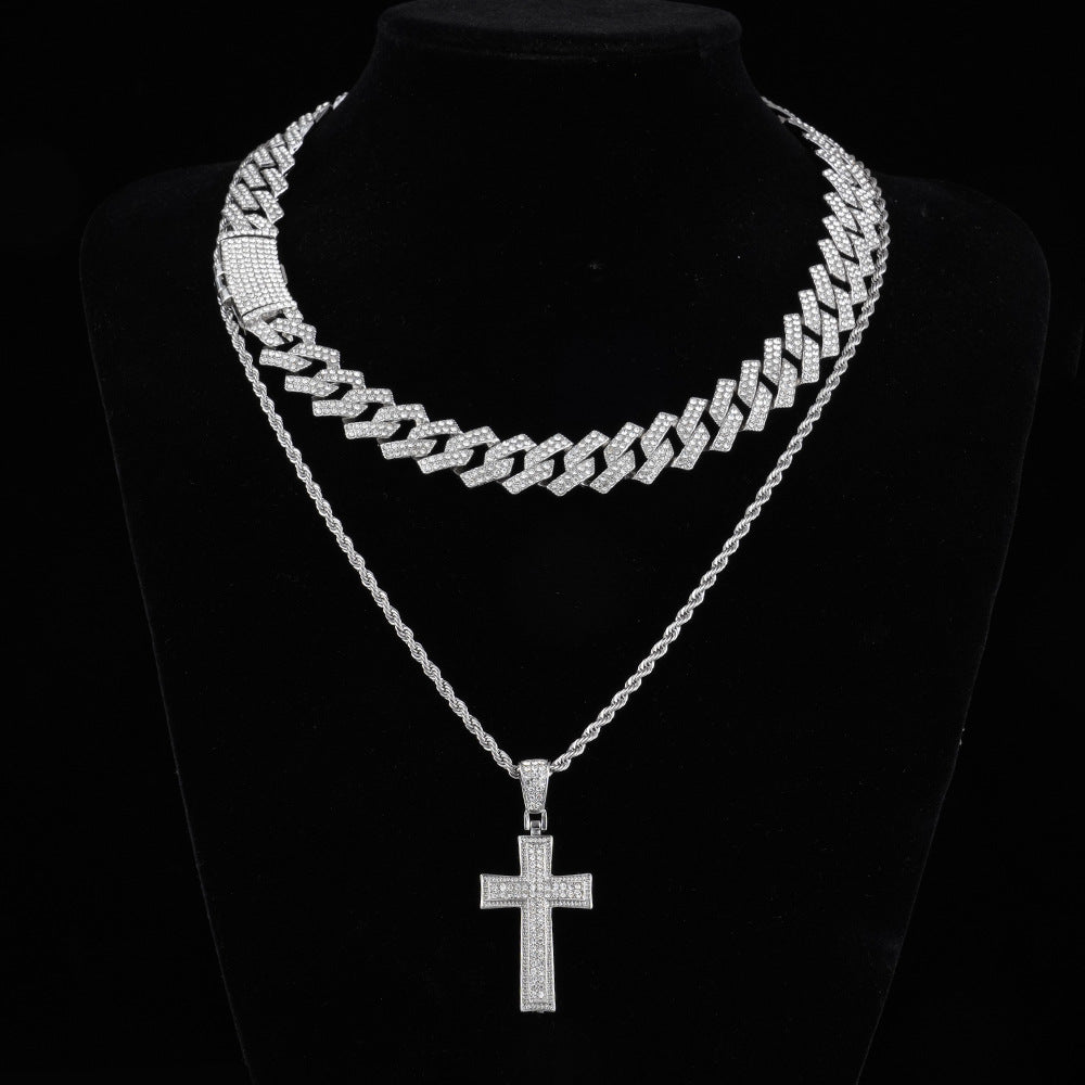 Full Diamond Cross Pendant Cuban Link Chain