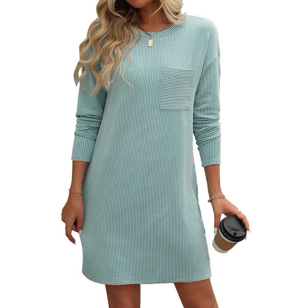 Women's Long Sleeve Striped Pocket Dress - Solid Color Casual Dress