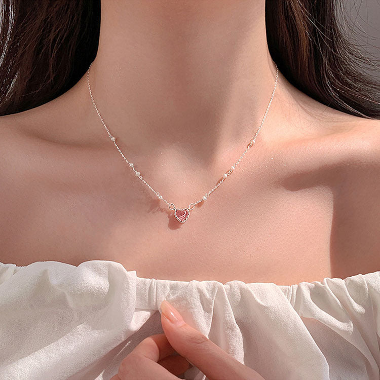 925 Silver Plated Heart Necklace Female Pearl Advanced - Minihomy