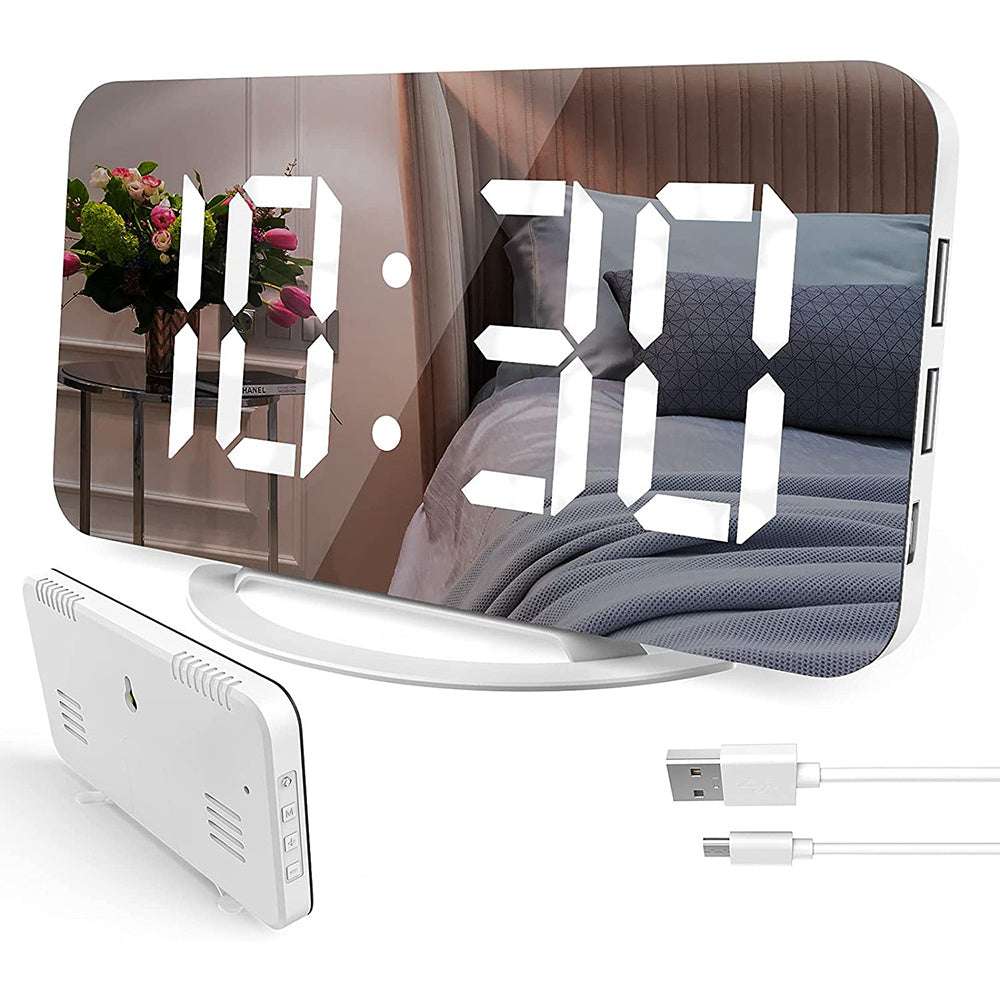 Digital Mirror Clock Dual USB Brightness Adjustable LED Display Table Alarm Dual USB Snooze Time Display For Home Office Bedroom - Minihomy