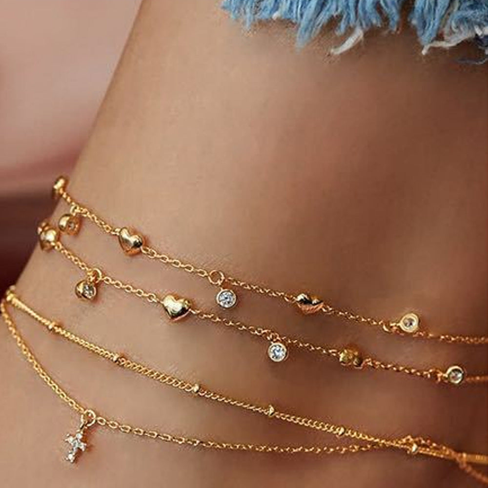 Heart Shape Diamond Cross Star Moon Anklet