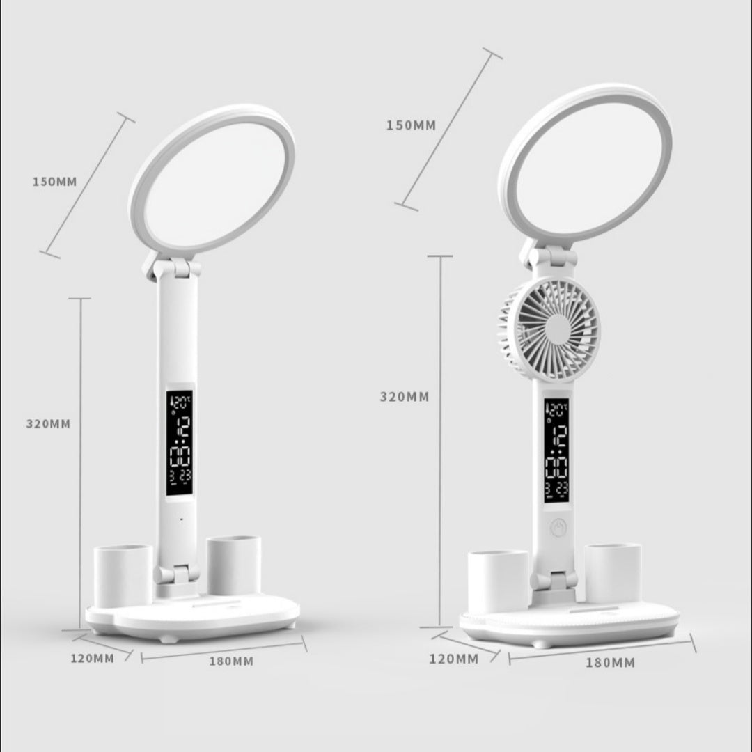 LED Clock Table Lamp USB Chargeable Dimmable Desk Lamp Plug-in LED Fan Light Foldable Eye Protection Reading Night Light - Minihomy