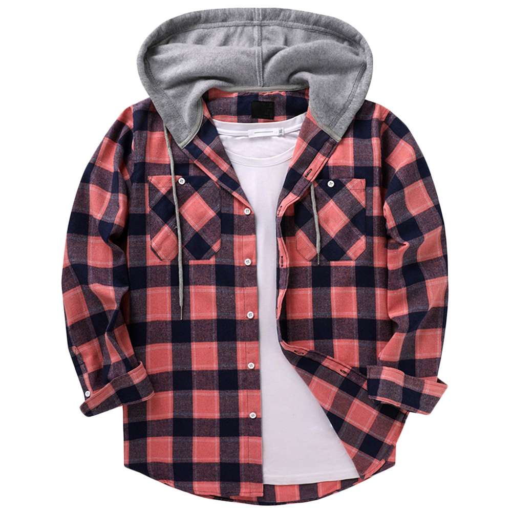 Hooded Plaid Shirt Men's Casual - Minihomy