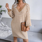 Ins Striped Sweater Dress V-neck Long Sleeve Dresses For Women - Minihomy