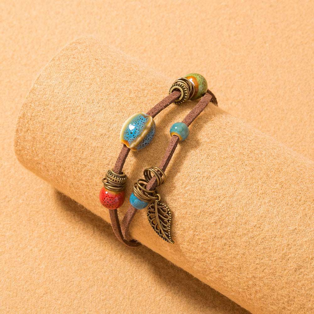 Hand-woven Cowhide Rope Bracelet Ceramic Bohemian Couple Bracelets - Minihomy