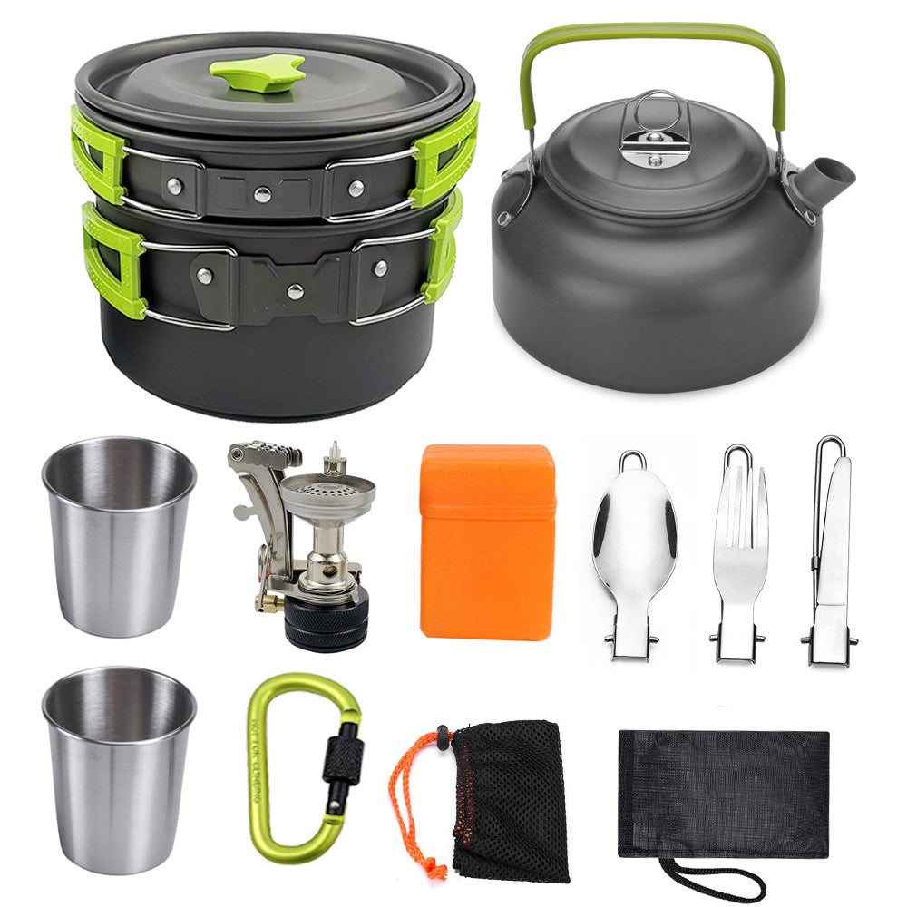 Portable Camping Cooker Stove with Aluminum Cookware Set and Stainless Steel Utensils - 2-3 People - Minihomy