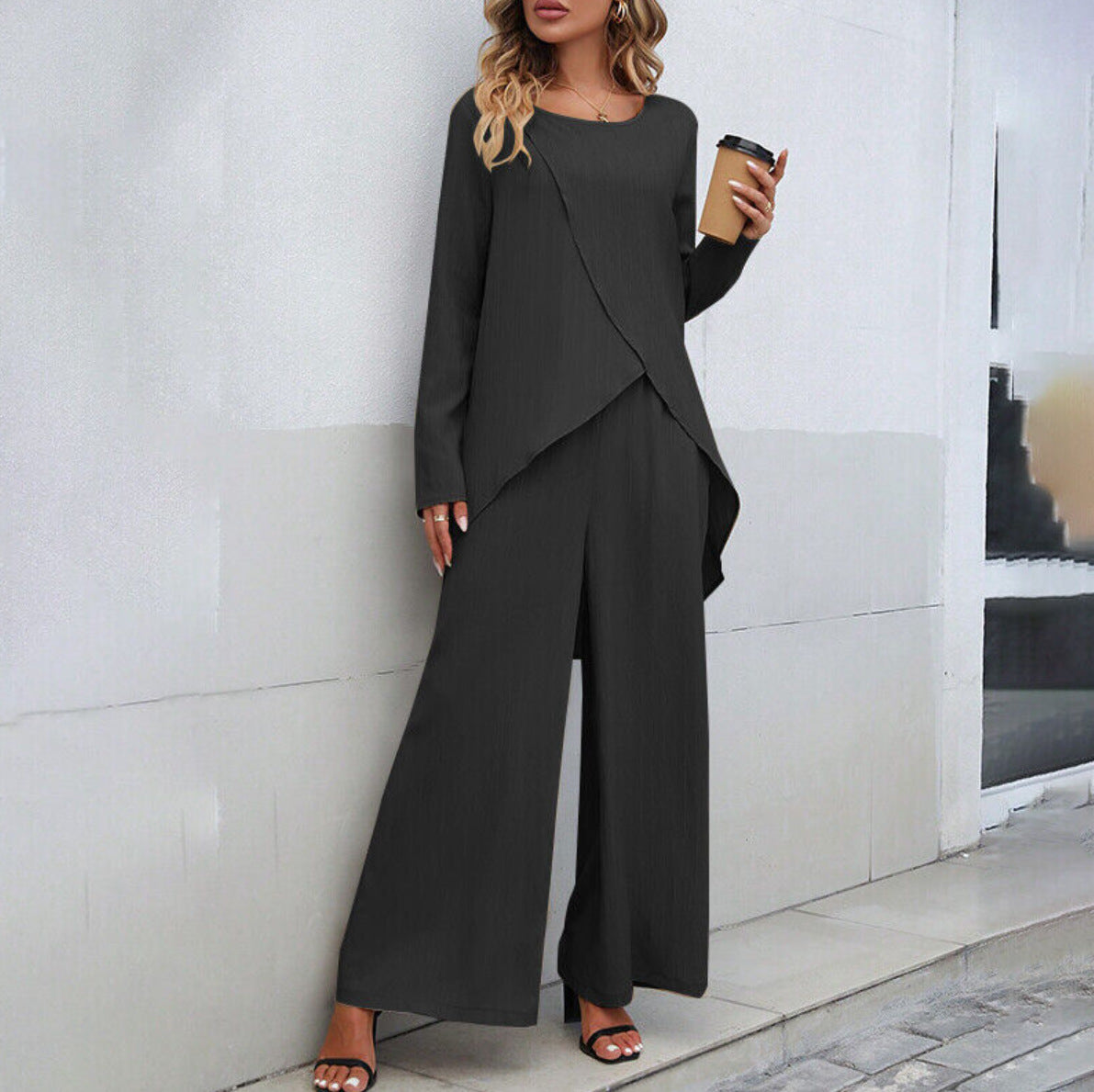 Women's Long Sleeve Top & Wide Leg Pants Set - Irregular Hem, Elastic Waist