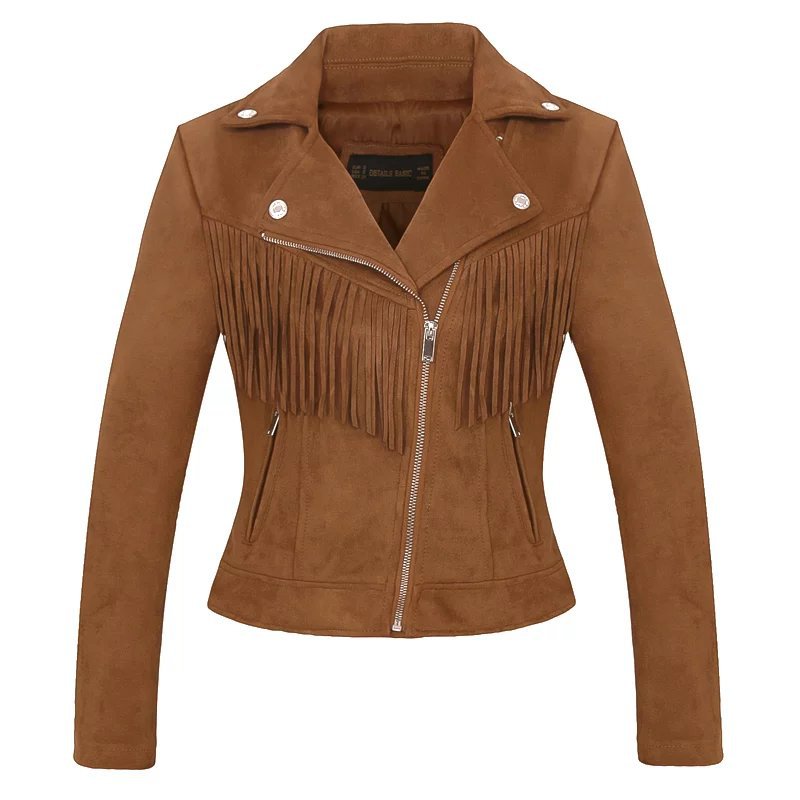 Autumn and winter womens Lapel tassel suede coat leather jacket