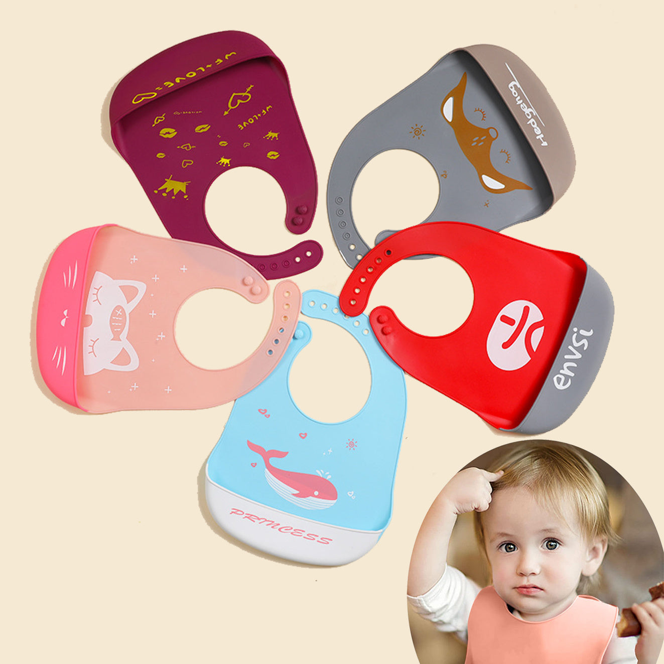 Cute Cartoon Silicone Baby Bibs - Waterproof, Adjustable, for Boys & Girls Feeding - Minihomy