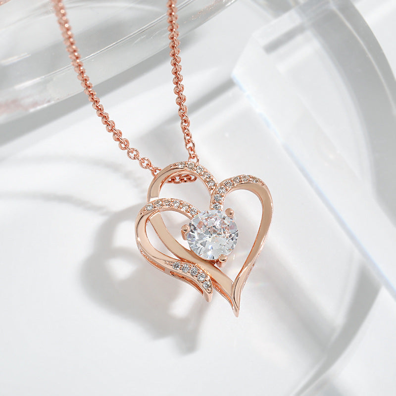 Zircon Double Love Necklace With Rhinestones - Ins Personalized Heart-shaped Necklace